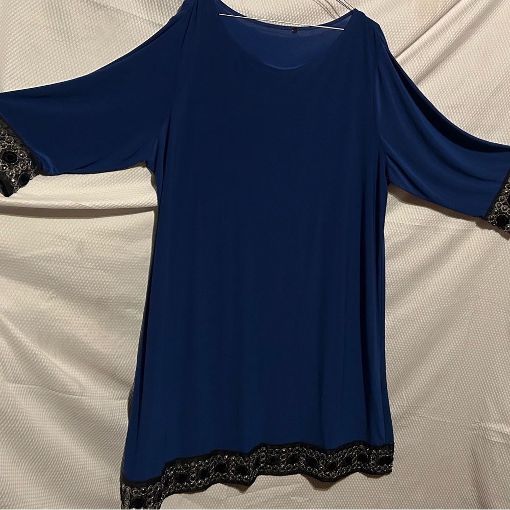 Royal Blue Cold Shoulder Dress with Black Beaded Trim - Picture 2 of 7